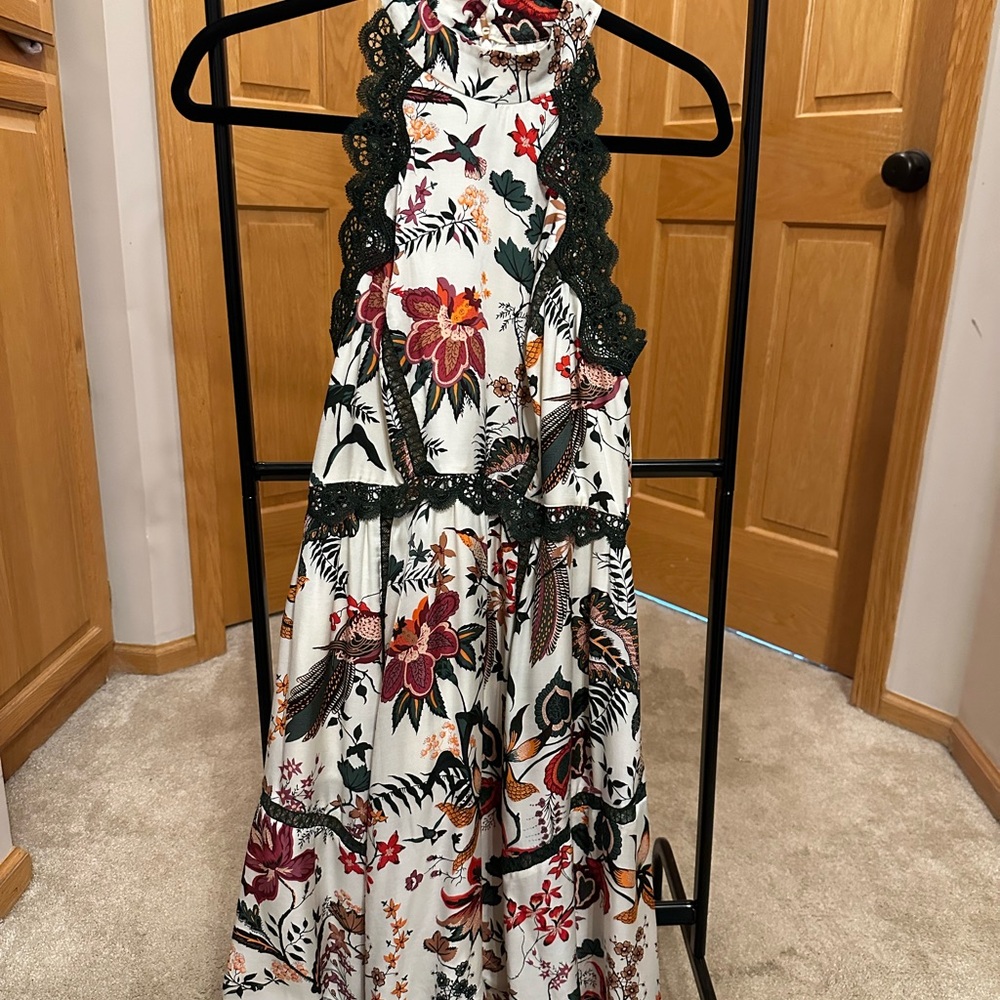 Anthropologie Pink Floral Dress with Black Lace